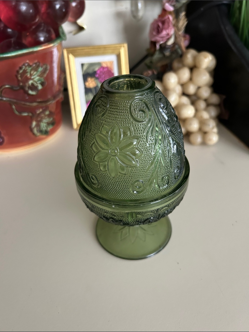 Indiana Glass Tiara Fairy Lamp in Chantilly Green Sandwich Pattern Floral Design